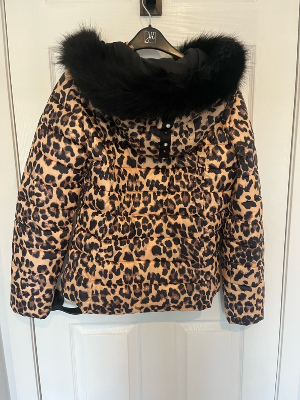 Joseph Ribkoff Leopard Print Puffer Jacket with Black Faux Fur Hood - Picture 2 of 2